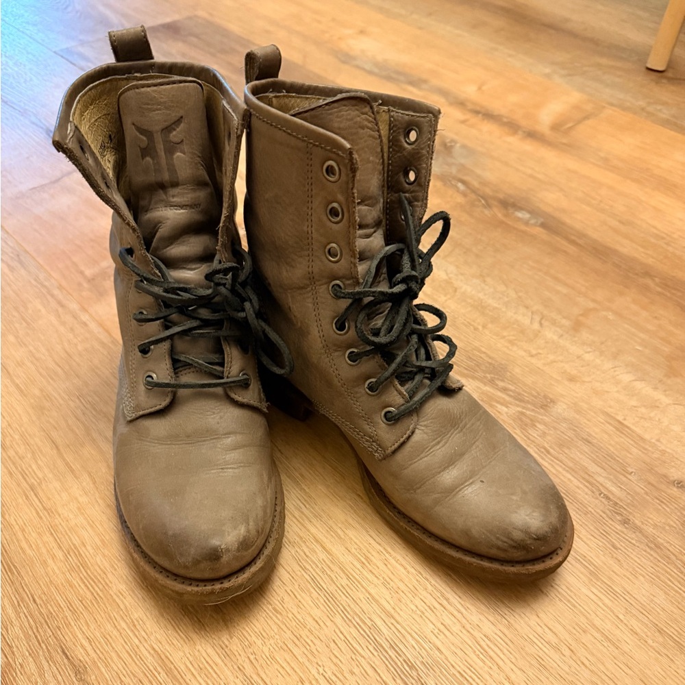 Frye Taupe Leather Lace-Up Ankle Boots - Picture 2 of 4